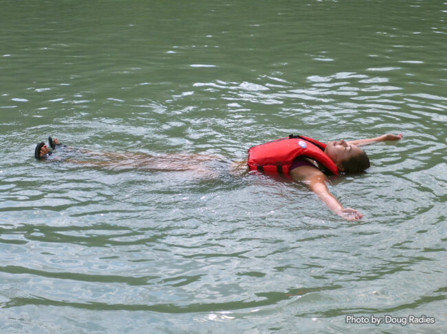 Myka floating in the Fraser River.